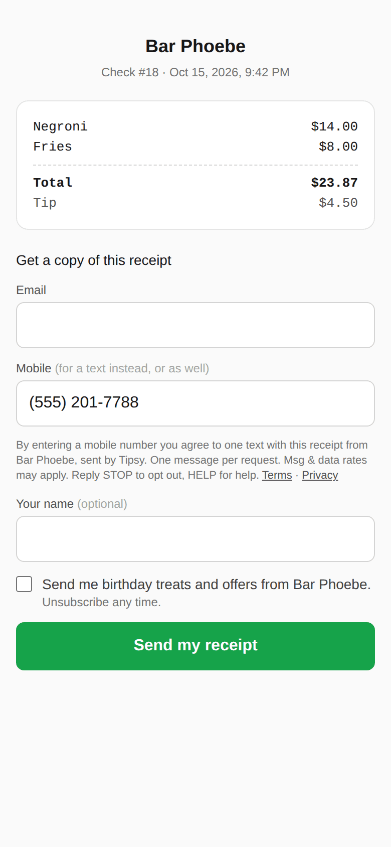 The receipt page a guest opens from the QR code, with the Mobile field and the texting notice under it