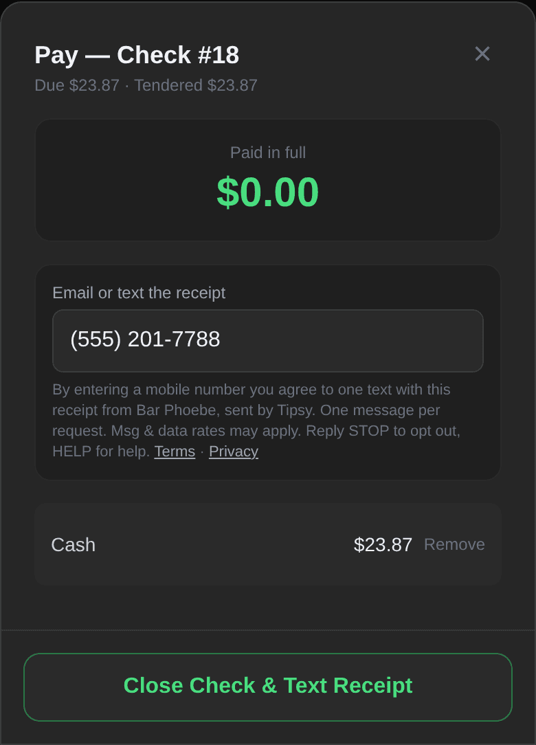 The register's pay screen, with the Email or text the receipt field and the texting notice under it